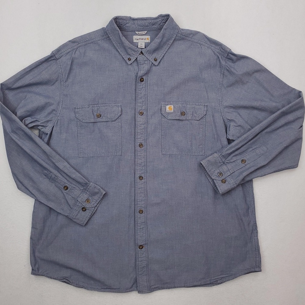 Carhartt Shirt Mens 2XL Blue Chambray Relaxed Fit Button Up Long Sleeve Workwear